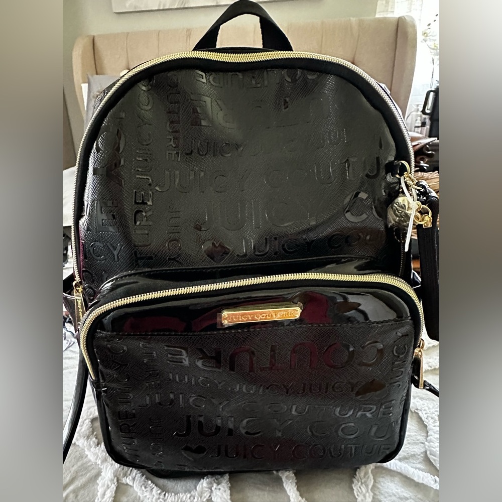 2024 Incredible NEW Juicy Couture Black Patent Leather “Word Play” Backpack
